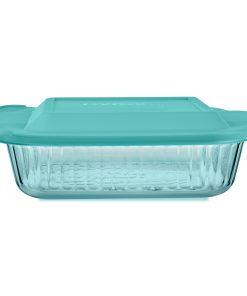 Pyrex Sculpted Tinted Glass 8" Square Baking Dish with Lid, Aqua
